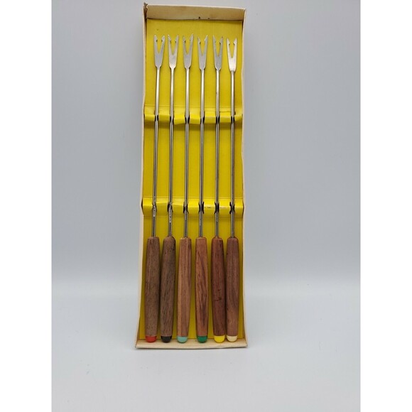MCM Hamilton Beach Stainless Steel Japan Fondue Forks Color Coded Wood Handles - Picture 1 of 12